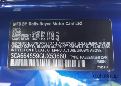 2016 Rolls-Royce Ghost z USA, uszkodzony, nr VIN SCA664S59GUX53660